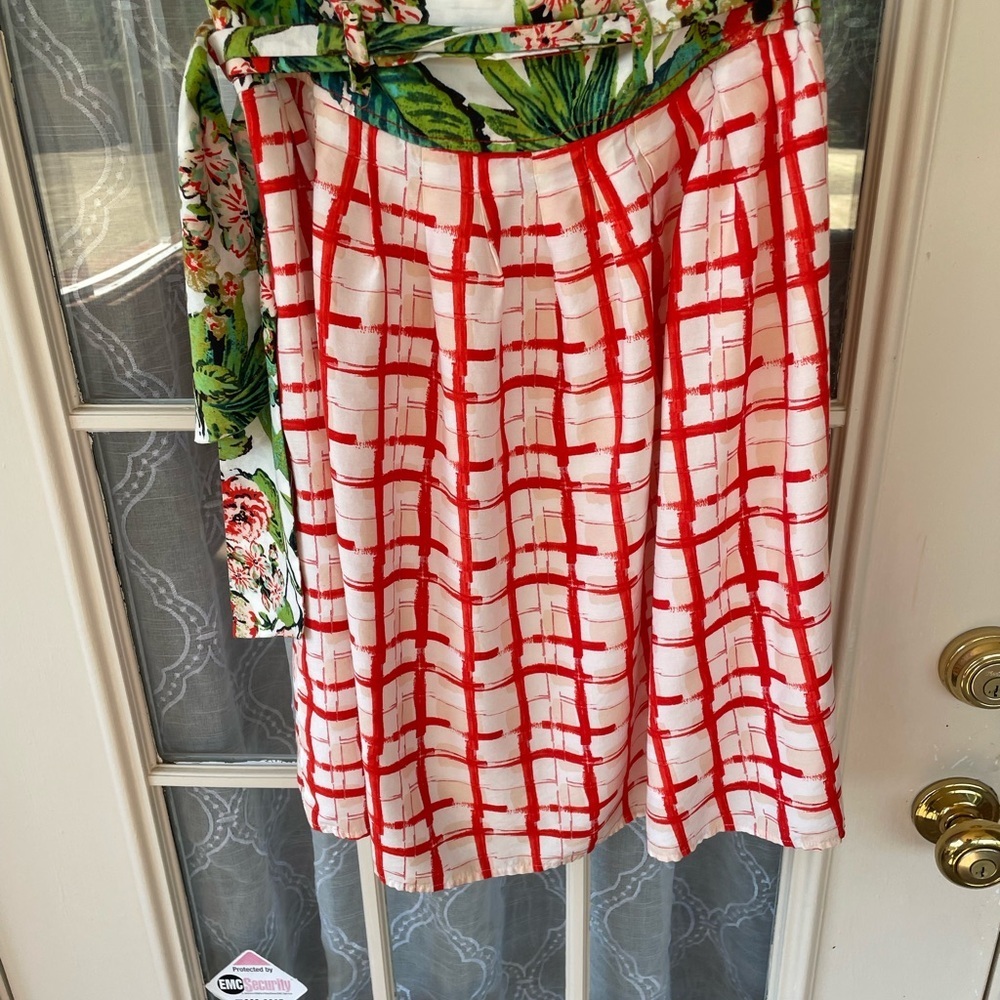 Maeve Size 10 Wrap Skirt 🎨 Bold Red Grid Floral Belted A-Line Anthropologie